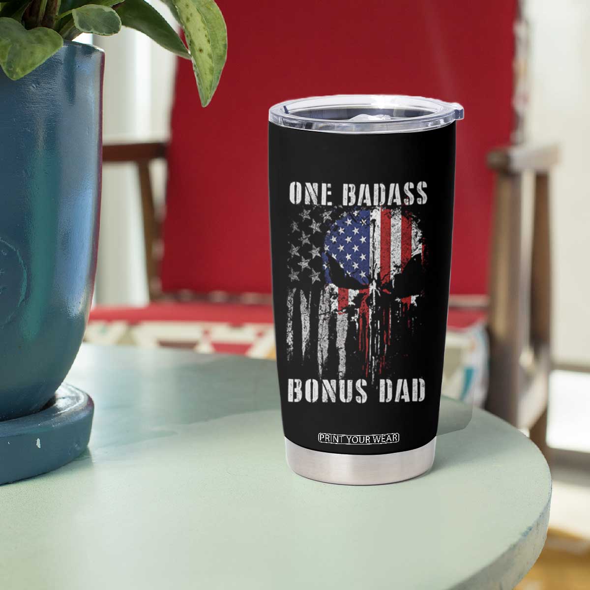 Funny One Badass Bonus Dad Tumbler Cup Step Dad Fathers Day 4th Of July American Flag Skull TS11 Print Your Wear