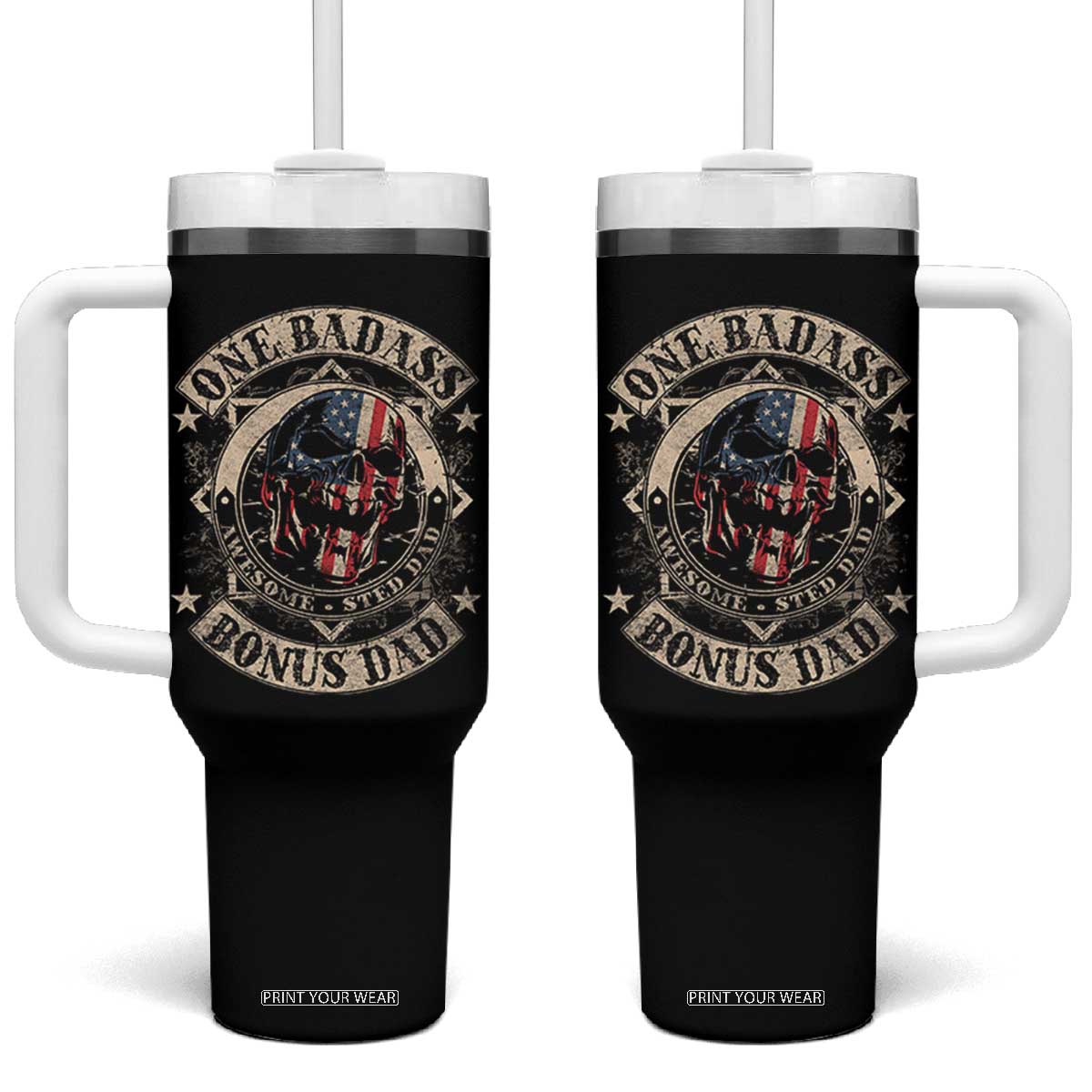 Funny One Badass Bonus Dad Tumbler With Handle Awesome Step Dad Fathers Day American Flag Skull TS11 One Size: 40 oz Black Print Your Wear