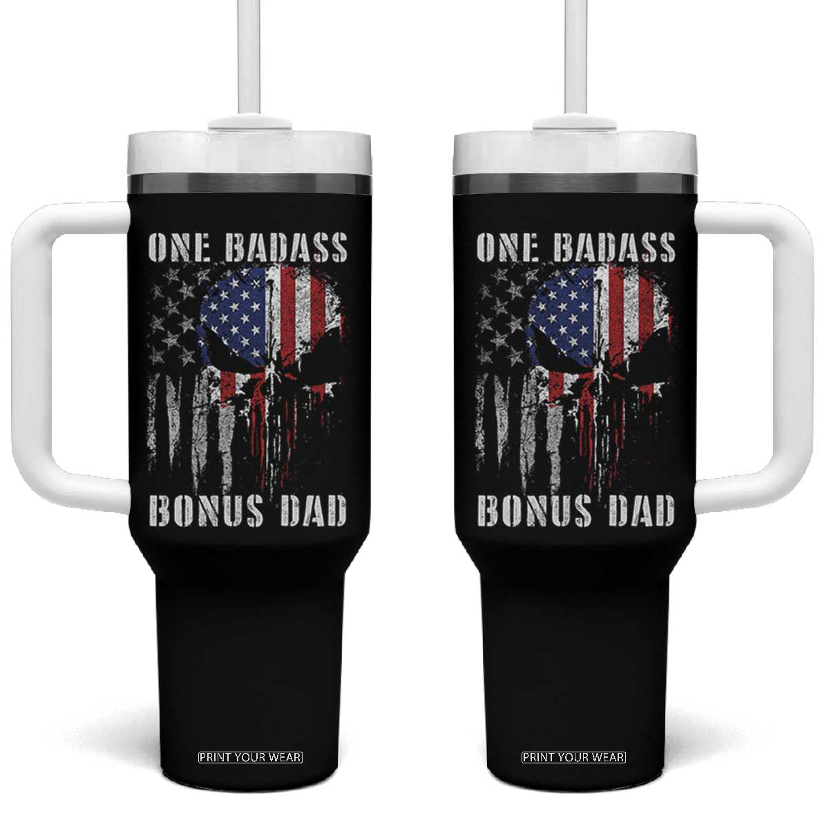 Funny One Badass Bonus Dad Tumbler With Handle Step Dad Fathers Day 4th Of July American Flag Skull TS11 One Size: 40 oz Black Print Your Wear