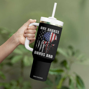 Funny One Badass Bonus Dad Tumbler With Handle Step Dad Fathers Day 4th Of July American Flag Skull TS11 Print Your Wear