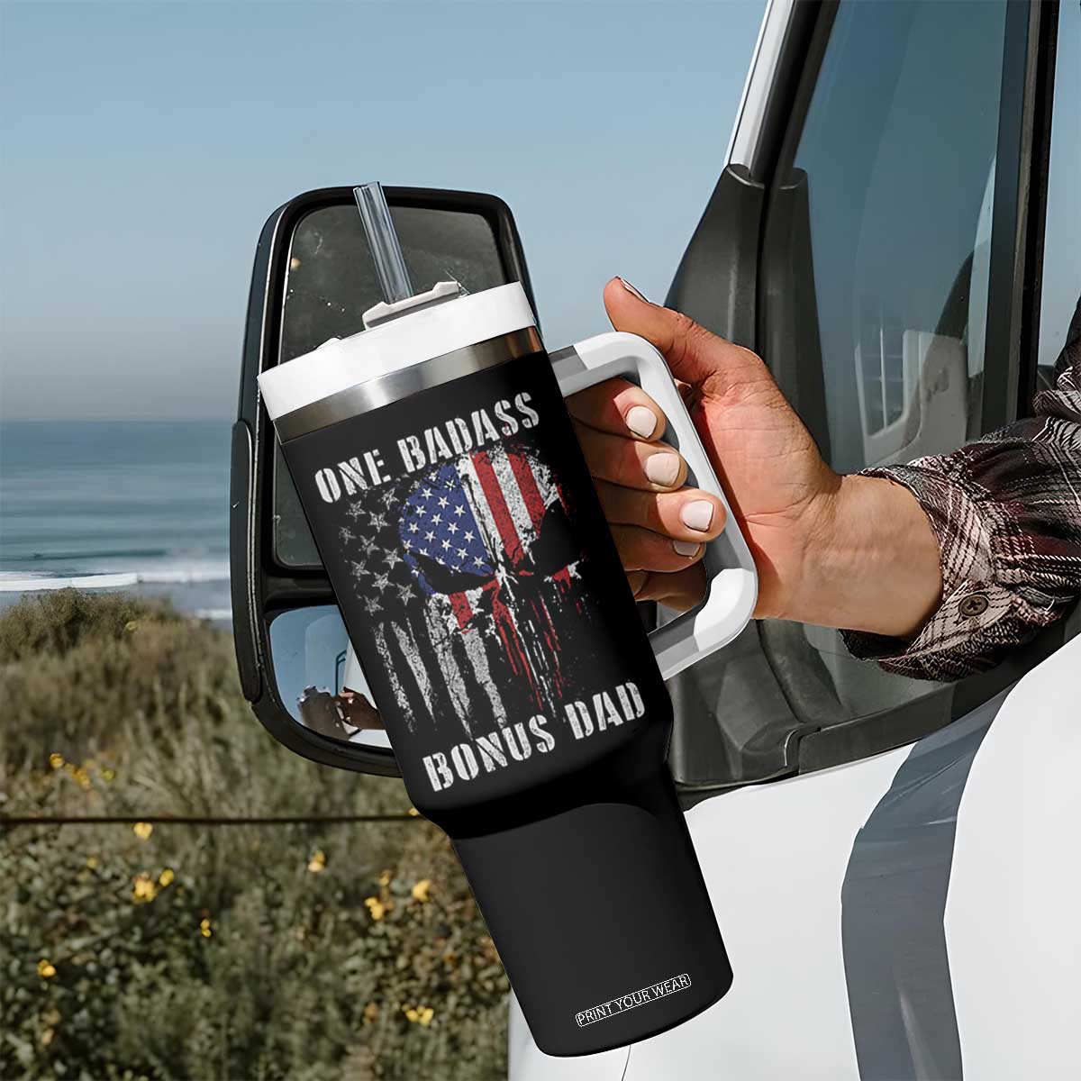 Funny One Badass Bonus Dad Tumbler With Handle Step Dad Fathers Day 4th Of July American Flag Skull TS11 Print Your Wear