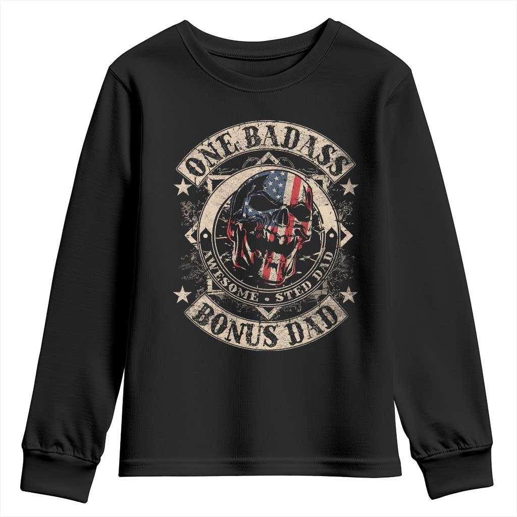 Funny One Badass Bonus Dad Youth Sweatshirt Awesome Step Dad Fathers Day American Flag Skull TS11 Black Print Your Wear