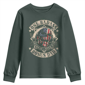 Funny One Badass Bonus Dad Youth Sweatshirt Awesome Step Dad Fathers Day American Flag Skull TS11 Dark Forest Green Print Your Wear