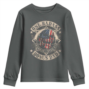Funny One Badass Bonus Dad Youth Sweatshirt Awesome Step Dad Fathers Day American Flag Skull TS11 Dark Heather Print Your Wear