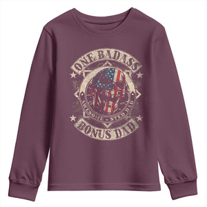 Funny One Badass Bonus Dad Youth Sweatshirt Awesome Step Dad Fathers Day American Flag Skull TS11 Maroon Print Your Wear