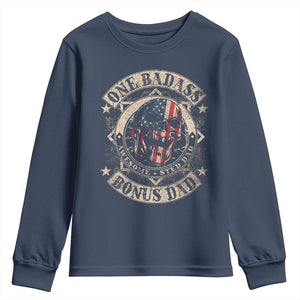 Funny One Badass Bonus Dad Youth Sweatshirt Awesome Step Dad Fathers Day American Flag Skull TS11 Navy Print Your Wear