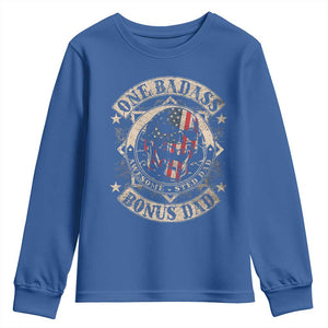 Funny One Badass Bonus Dad Youth Sweatshirt Awesome Step Dad Fathers Day American Flag Skull TS11 Royal Blue Print Your Wear