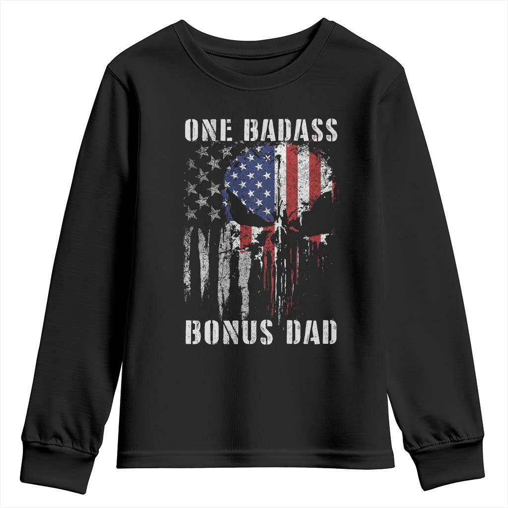 Funny One Badass Bonus Dad Youth Sweatshirt Step Dad Fathers Day 4th Of July American Flag Skull TS11 Black Print Your Wear