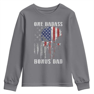 Funny One Badass Bonus Dad Youth Sweatshirt Step Dad Fathers Day 4th Of July American Flag Skull TS11 Charcoal Print Your Wear