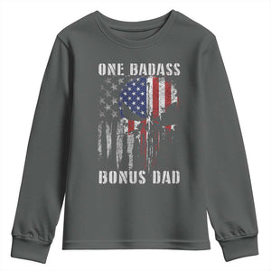 Funny One Badass Bonus Dad Youth Sweatshirt Step Dad Fathers Day 4th Of July American Flag Skull TS11 Dark Heather Print Your Wear