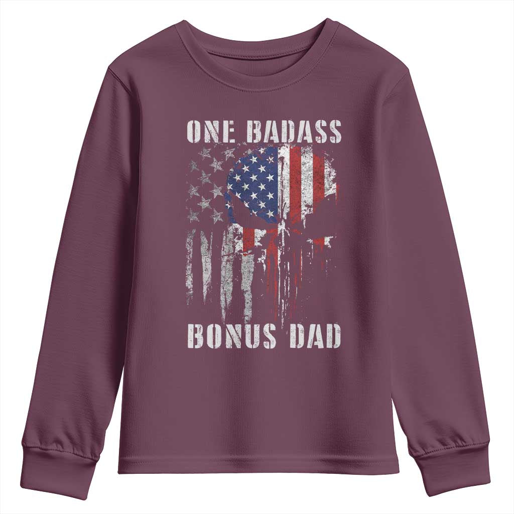 Funny One Badass Bonus Dad Youth Sweatshirt Step Dad Fathers Day 4th Of July American Flag Skull TS11 Maroon Print Your Wear