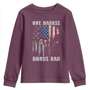 Funny One Badass Bonus Dad Youth Sweatshirt Step Dad Fathers Day 4th Of July American Flag Skull TS11 Maroon Print Your Wear