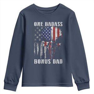 Funny One Badass Bonus Dad Youth Sweatshirt Step Dad Fathers Day 4th Of July American Flag Skull TS11 Navy Print Your Wear