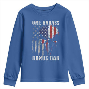 Funny One Badass Bonus Dad Youth Sweatshirt Step Dad Fathers Day 4th Of July American Flag Skull TS11 Royal Blue Print Your Wear