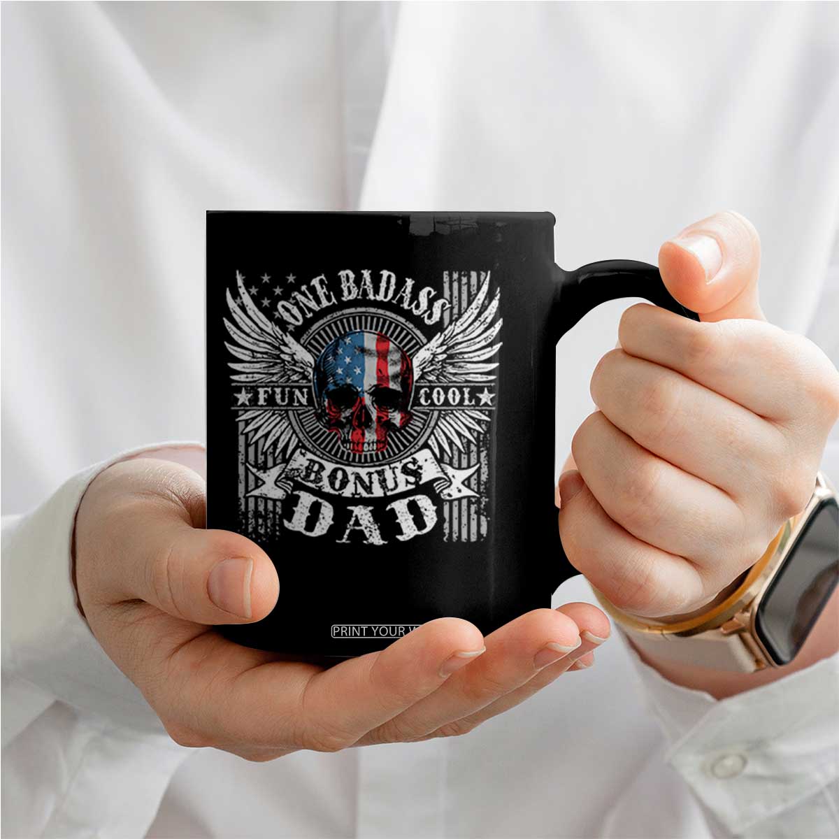 Funny One Badass Bonus Stepdad Coffee Mug Bonus Dad Fathers Day American Flag Skull TS11 Print Your Wear