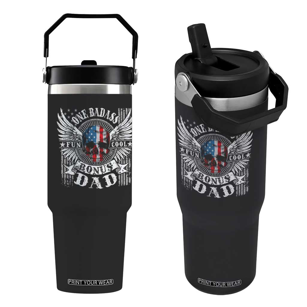 Funny One Badass Bonus Stepdad Flip Straw Tumbler Bonus Dad Fathers Day American Flag Skull TS11 One Size: 30 oz Black Print Your Wear