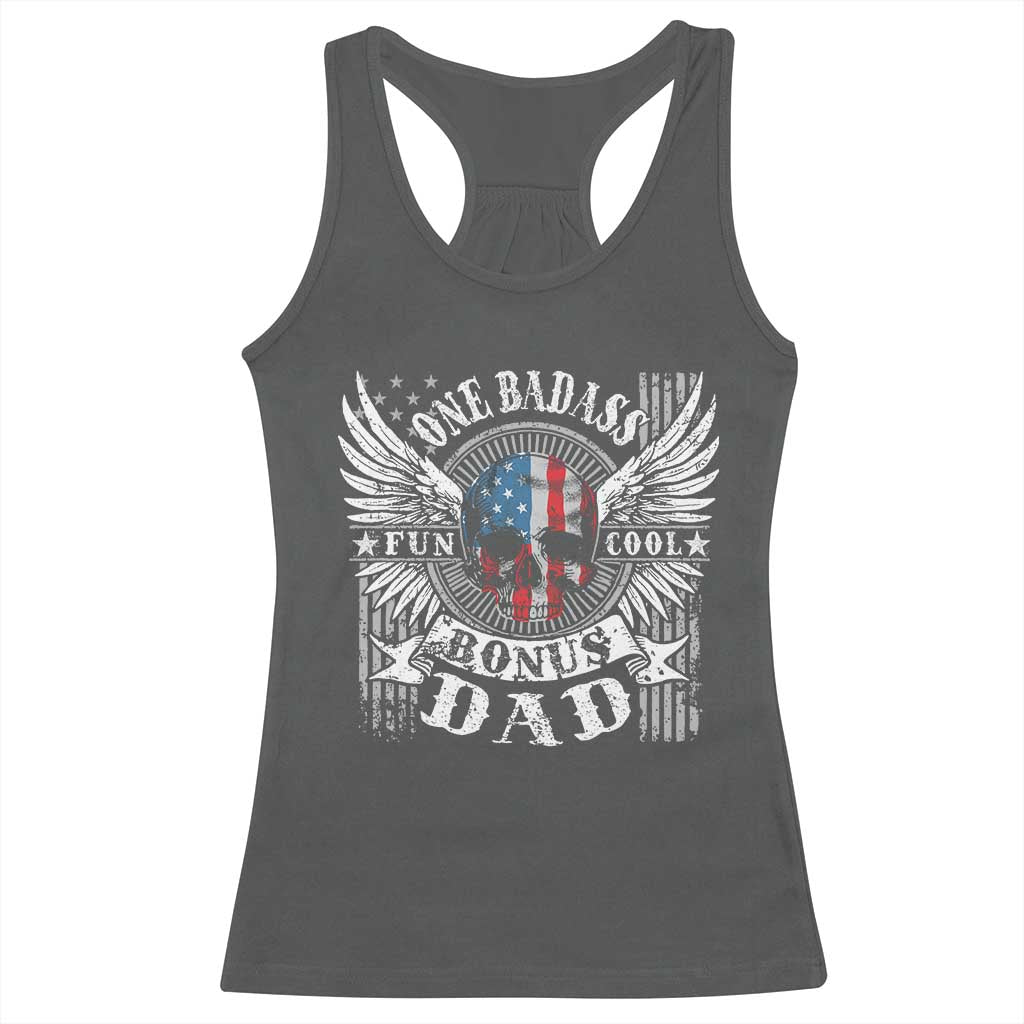Funny One Badass Bonus Stepdad Racerback Tank Top Bonus Dad Fathers Day American Flag Skull TS11 Dark Heather Print Your Wear