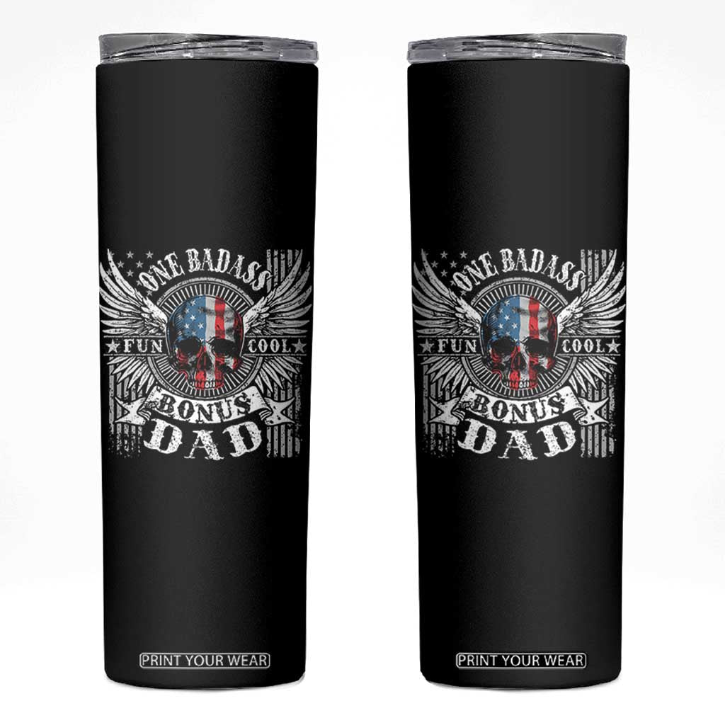 Funny One Badass Bonus Stepdad Skinny Tumbler Bonus Dad Fathers Day American Flag Skull TS11 Black Print Your Wear