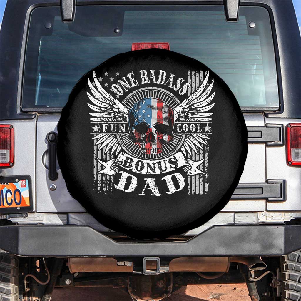 Funny One Badass Bonus Stepdad Spare Tire Cover Bonus Dad Fathers Day American Flag Skull TS11 No hole Black Print Your Wear
