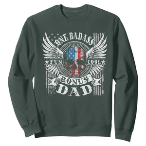 Funny One Badass Bonus Stepdad Sweatshirt Bonus Dad Fathers Day American Flag Skull TS11 Dark Forest Green Print Your Wear