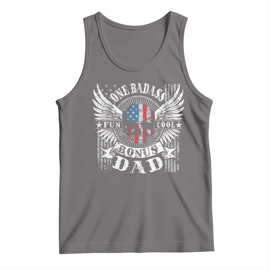 Funny One Badass Bonus Stepdad Tank Top Bonus Dad Fathers Day American Flag Skull TS11 Deep Heather Print Your Wear