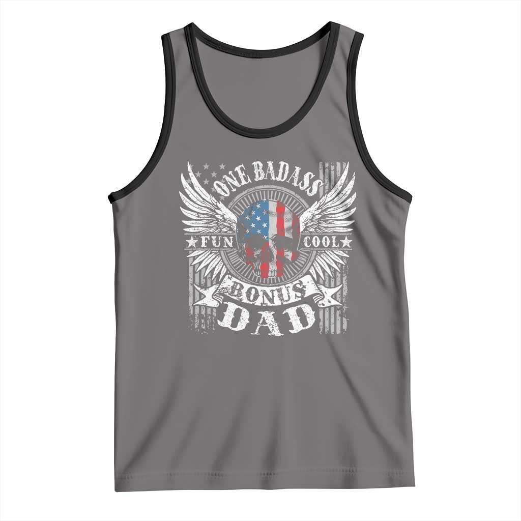 Funny One Badass Bonus Stepdad Tank Top Bonus Dad Fathers Day American Flag Skull TS11 Deep Heather Black Print Your Wear