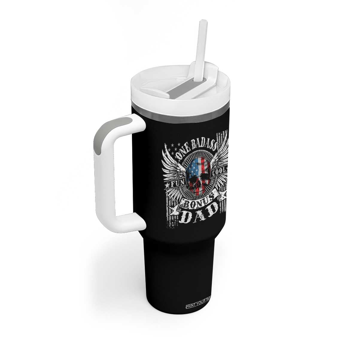 Funny One Badass Bonus Stepdad Tumbler With Handle Bonus Dad Fathers Day American Flag Skull TS11 Print Your Wear
