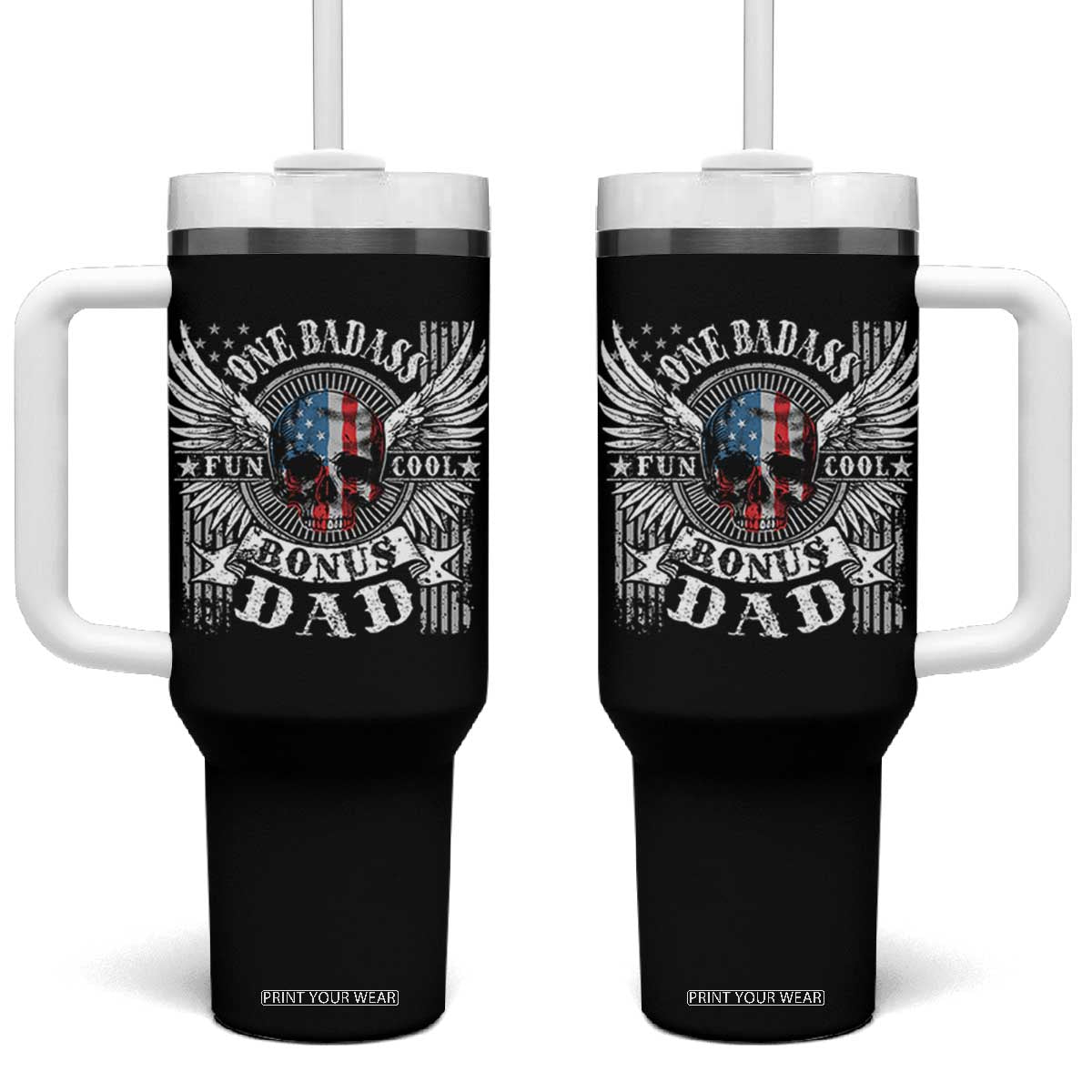 Funny One Badass Bonus Stepdad Tumbler With Handle Bonus Dad Fathers Day American Flag Skull TS11 One Size: 40 oz Black Print Your Wear