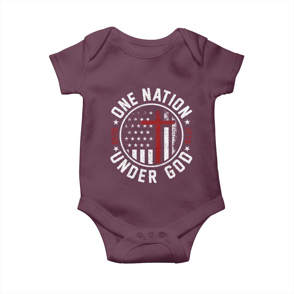 Funny One Nation Under God ESTD 1776 Baby Onesie 4th Of July Patriotic Christian TS11 Maroon Print Your Wear
