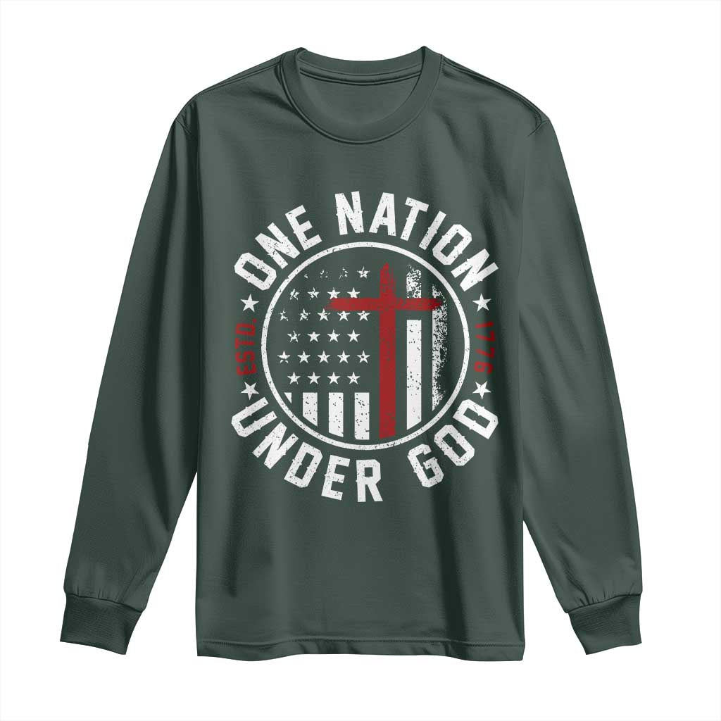 Funny One Nation Under God ESTD 1776 Long Sleeve Shirt 4th Of July Patriotic Christian TS11 Dark Forest Green Print Your Wear