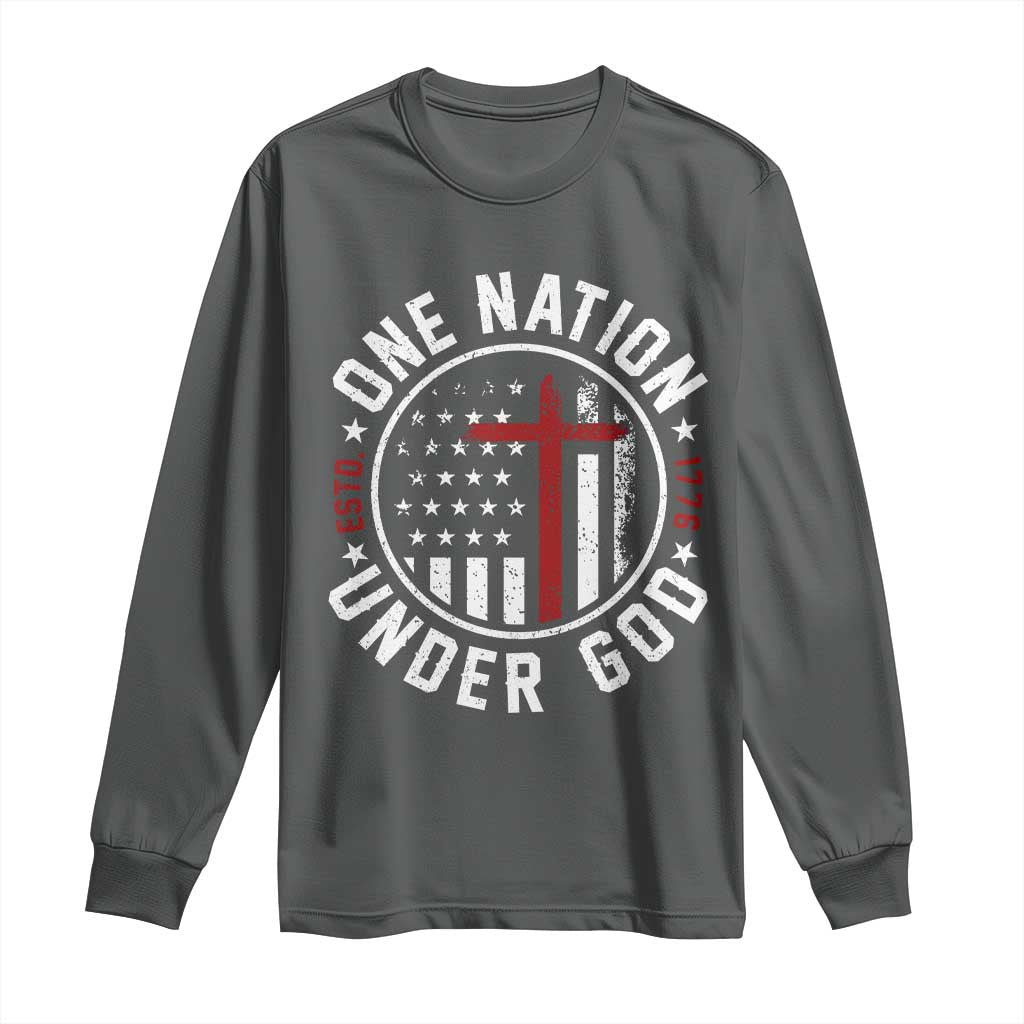 Funny One Nation Under God ESTD 1776 Long Sleeve Shirt 4th Of July Patriotic Christian TS11 Dark Heather Print Your Wear