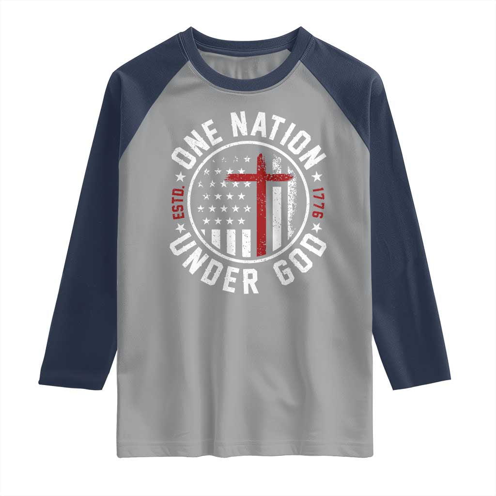 Funny One Nation Under God ESTD 1776 Raglan Shirt 4th Of July Patriotic Christian TS11 Sport Gray Navy Print Your Wear