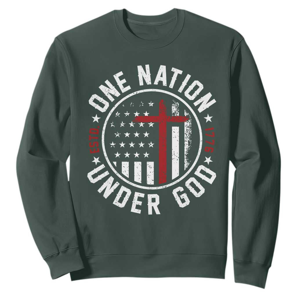 Funny One Nation Under God ESTD 1776 Sweatshirt 4th Of July Patriotic Christian TS11 Dark Forest Green Print Your Wear