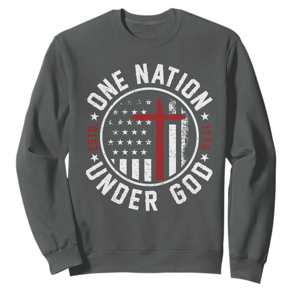 Funny One Nation Under God ESTD 1776 Sweatshirt 4th Of July Patriotic Christian TS11 Dark Heather Print Your Wear