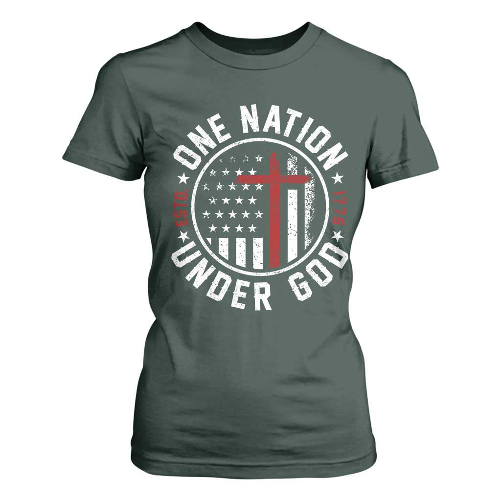 Funny One Nation Under God ESTD 1776 T Shirt For Women 4th Of July Patriotic Christian TS11 Dark Forest Green Print Your Wear