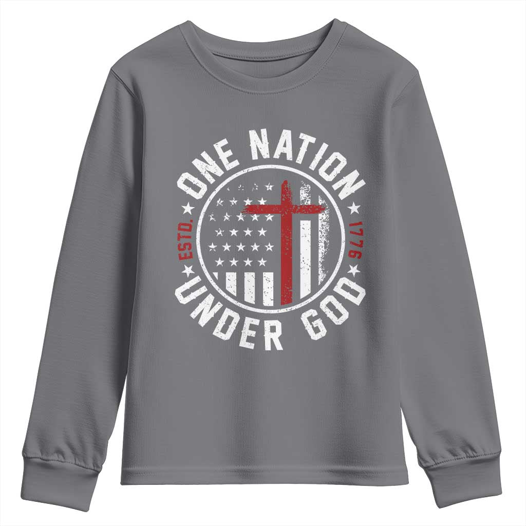 Funny One Nation Under God ESTD 1776 Youth Sweatshirt 4th Of July Patriotic Christian TS11 Charcoal Print Your Wear
