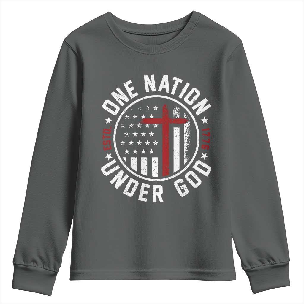 Funny One Nation Under God ESTD 1776 Youth Sweatshirt 4th Of July Patriotic Christian TS11 Dark Heather Print Your Wear