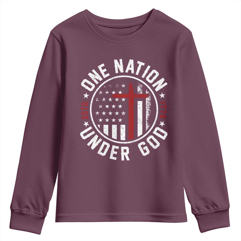 Funny One Nation Under God ESTD 1776 Youth Sweatshirt 4th Of July Patriotic Christian TS11 Maroon Print Your Wear