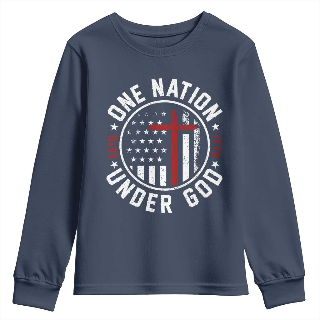 Funny One Nation Under God ESTD 1776 Youth Sweatshirt 4th Of July Patriotic Christian TS11 Navy Print Your Wear