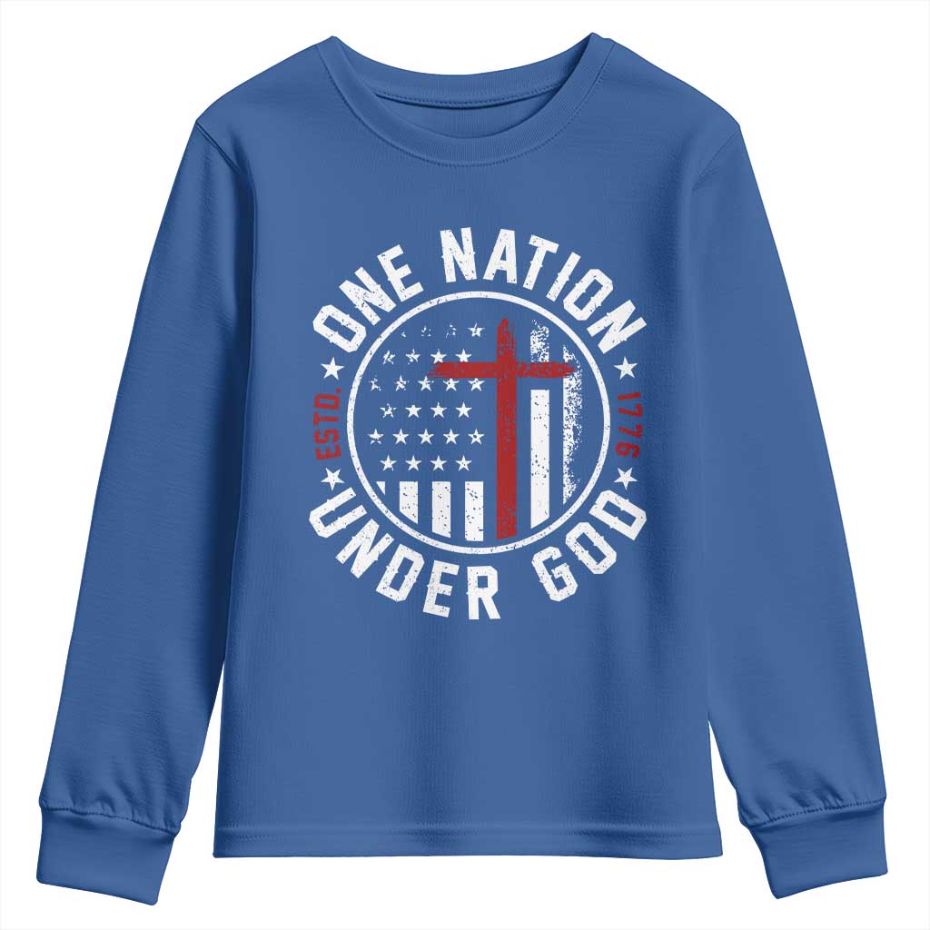 Funny One Nation Under God ESTD 1776 Youth Sweatshirt 4th Of July Patriotic Christian TS11 Royal Blue Print Your Wear