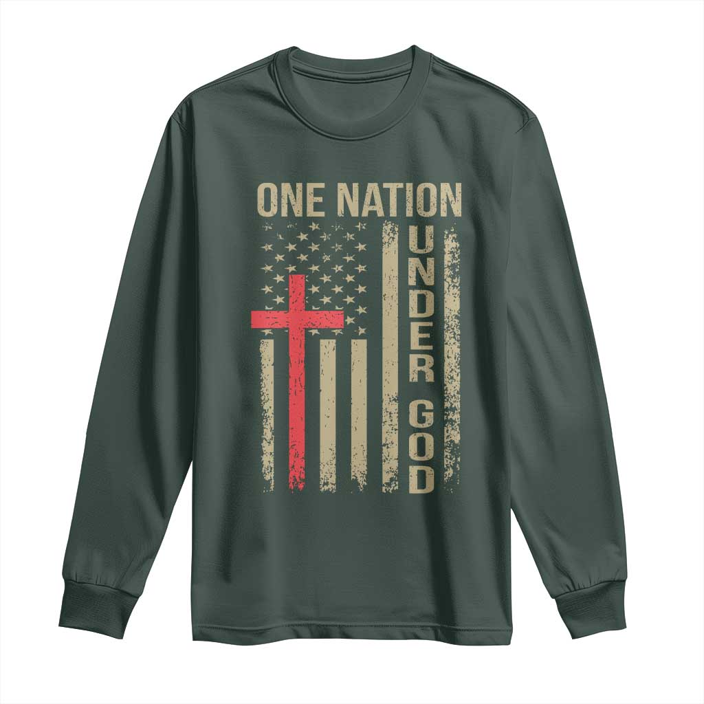 Funny One Nation Under God Long Sleeve Shirt 4th Of July Patriotic Christian American Flag TS11 Dark Forest Green Print Your Wear