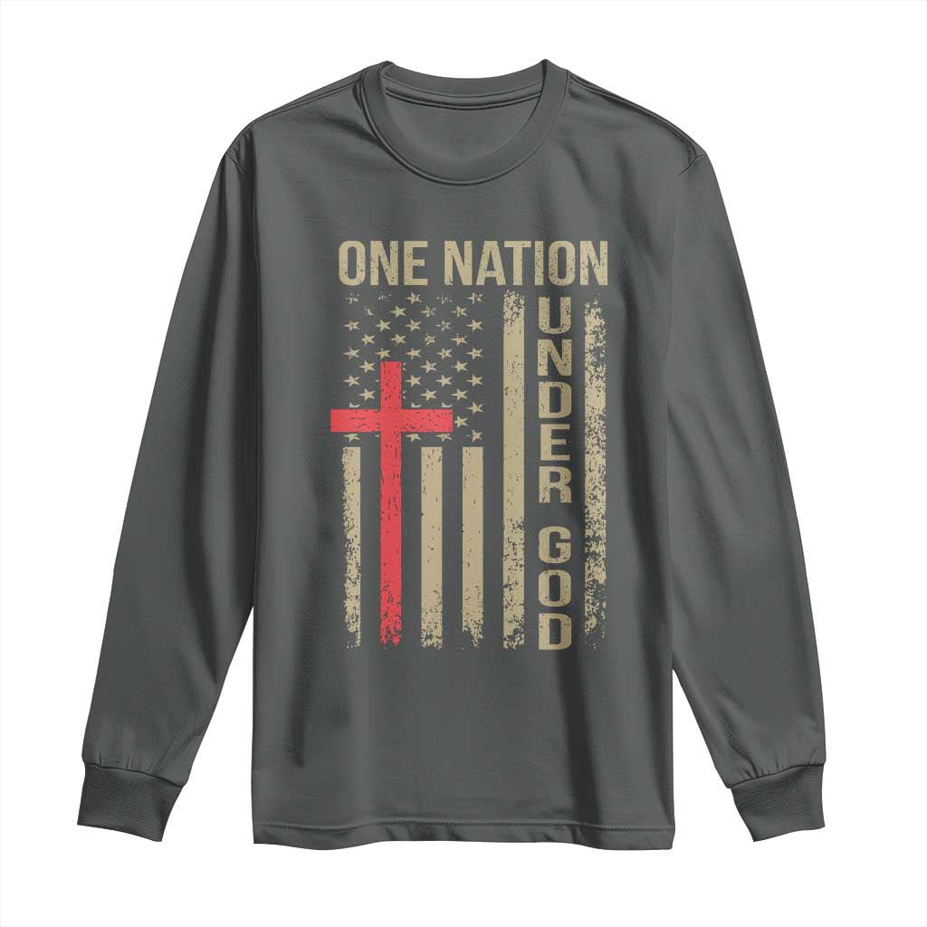 Funny One Nation Under God Long Sleeve Shirt 4th Of July Patriotic Christian American Flag TS11 Dark Heather Print Your Wear