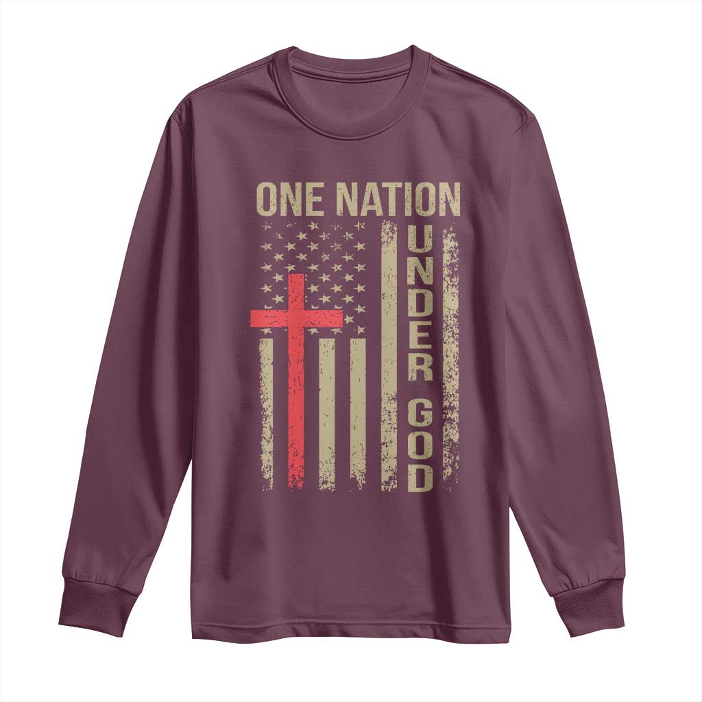 Funny One Nation Under God Long Sleeve Shirt 4th Of July Patriotic Christian American Flag TS11 Maroon Print Your Wear