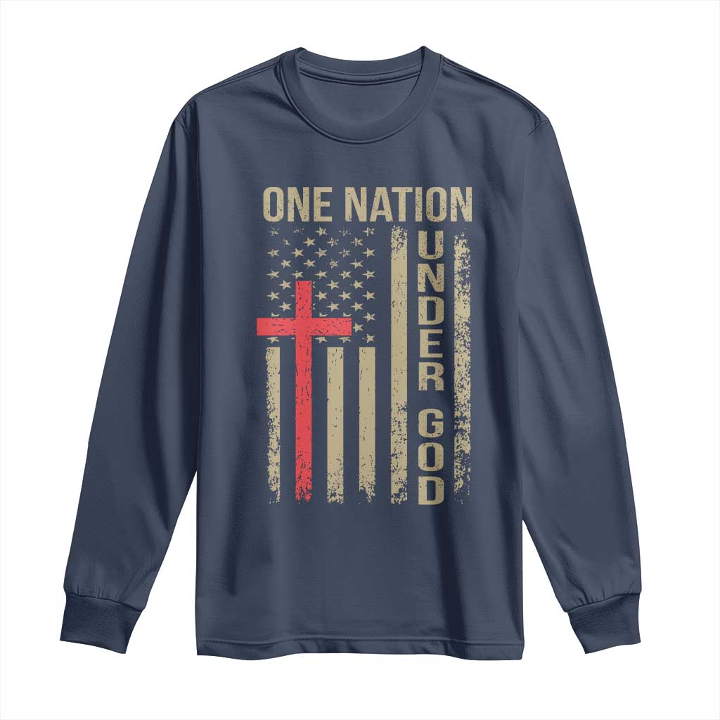 Funny One Nation Under God Long Sleeve Shirt 4th Of July Patriotic Christian American Flag TS11 Navy Print Your Wear