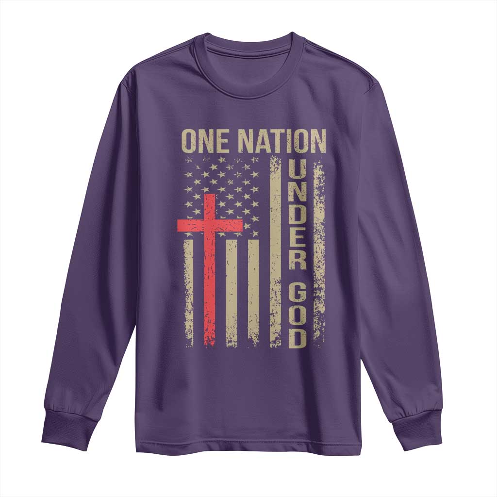 Funny One Nation Under God Long Sleeve Shirt 4th Of July Patriotic Christian American Flag TS11 Purple Print Your Wear