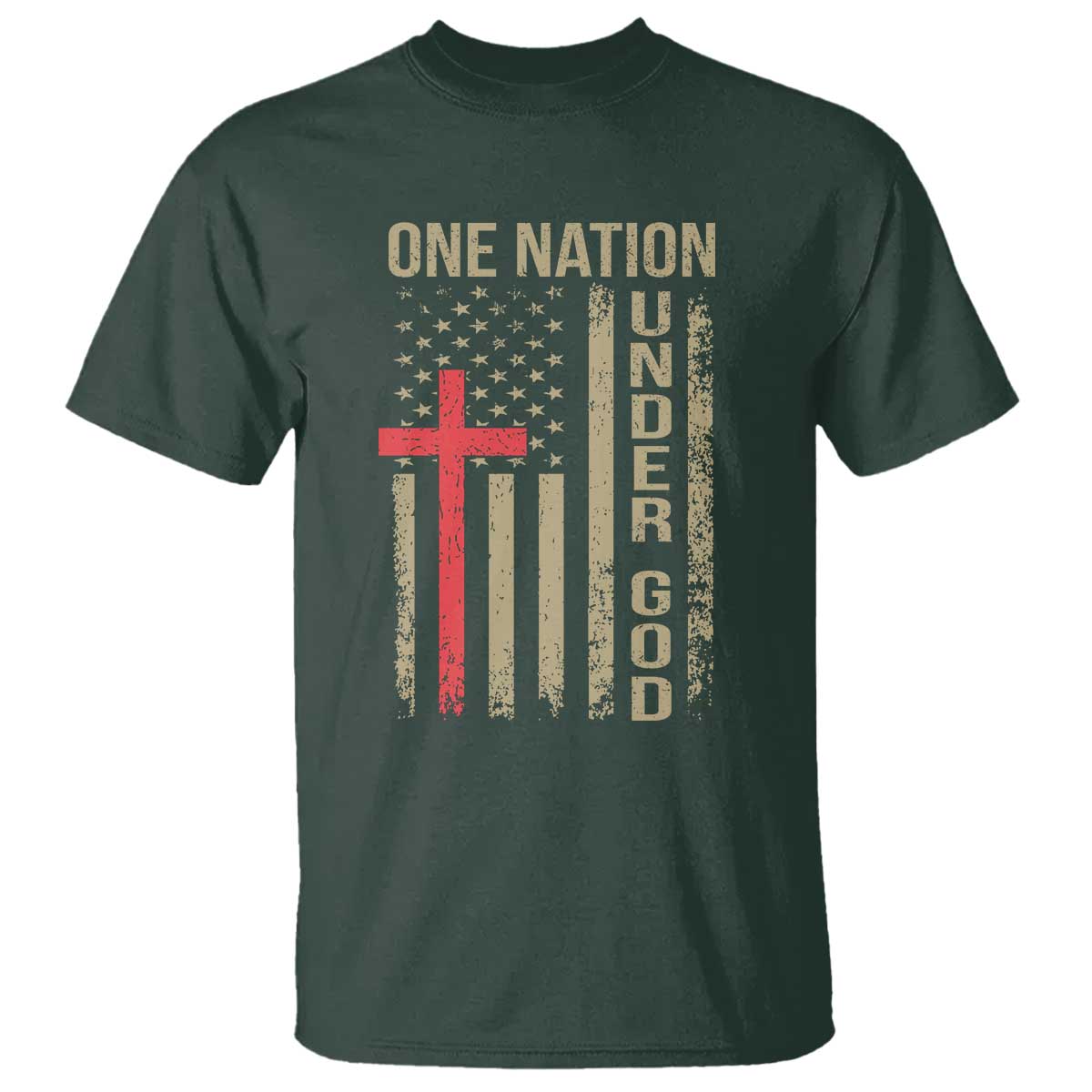 Funny One Nation Under God T Shirt 4th Of July Patriotic Christian American Flag TS11 Dark Forest Green Print Your Wear