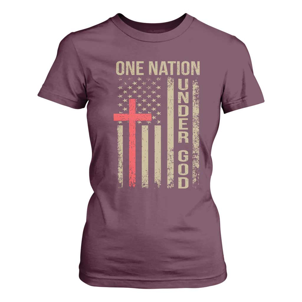 Funny One Nation Under God T Shirt For Women 4th Of July Patriotic Christian American Flag TS11 Maroon Print Your Wear