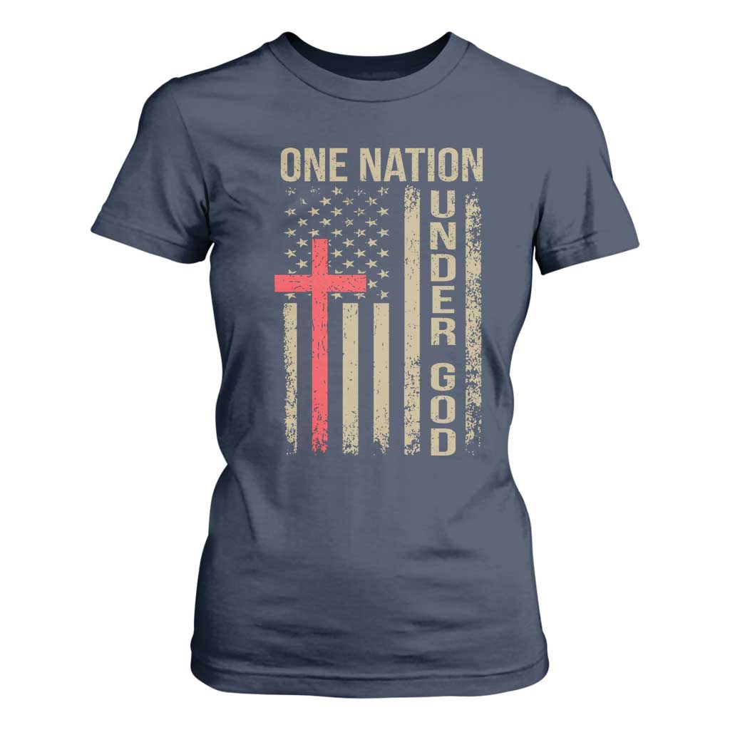 Funny One Nation Under God T Shirt For Women 4th Of July Patriotic Christian American Flag TS11 Navy Print Your Wear