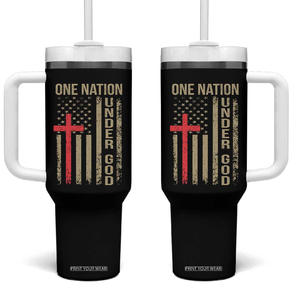Funny One Nation Under God Tumbler With Handle 4th Of July Patriotic Christian American Flag TS11 One Size: 40 oz Black Print Your Wear