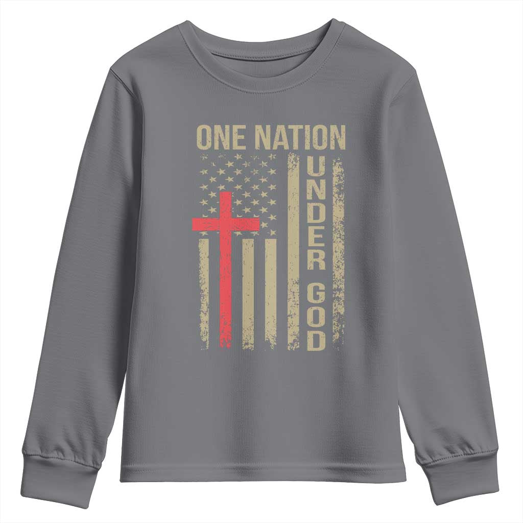 Funny One Nation Under God Youth Sweatshirt 4th Of July Patriotic Christian American Flag TS11 Charcoal Print Your Wear